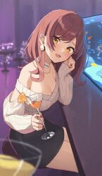 Rule 34 | 1girl, absurdres, alcohol, bar (place), black skirt, blush, breasts, cleavage, cleavage cutout, clothing cutout, cocktail, cocktail glass, collarbone, cup, drink, drinking glass, earrings, highres, holding, holding cup, idolmaster, idolmaster shiny colors, indoors, jewelry, long hair, long sleeves, looking at viewer, medium breasts, nail polish, necklace, official alternate costume, official alternate hairstyle, open mouth, osaki amana, red hair, ring, sitting, skirt, sleeves past wrists, smile, solo, swept bangs, wanimaru, yellow eyes