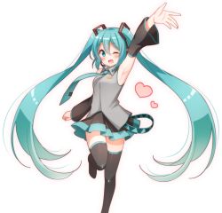 Rule 34 | 1girl, arm up, armpits, black thighhighs, blush, detached sleeves, green eyes, green hair, hatsune miku, heart, long hair, looking at viewer, necktie, one eye closed, open mouth, simple background, skirt, smile, snowmi, solo, thighhighs, twintails, very long hair, vocaloid, white background