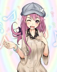 Rule 34 | 1girl, alternate eyebrows, blush, breasts, commentary request, grey hat, hair between eyes, hands up, hat, long hair, long sleeves, looking at viewer, lower teeth only, medium breasts, meigo arisa, mismatched eyebrows, musical note, one eye closed, open mouth, pink eyes, pink hair, shin (highest1192), smile, solo, teeth, toaru majutsu no index, toaru majutsu no index: endymion no kiseki, tongue, upper body