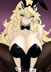 1girl absurdres animal_ears bare_shoulders barghest_(fate) black_leotard blonde_hair blue_eyes blush breasts brown_pantyhose cleavage detached_collar fake_animal_ears fate/grand_order fate_(series) heterochromia highres large_breasts leotard long_hair looking_at_viewer pantyhose playboy_bunny rabbit_ears red_eyes smile solo squatting tucv5345 wrist_cuffs