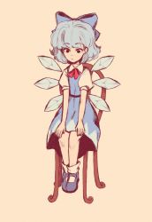 Rule 34 | 1girl, black eyes, blue dress, blue hair, blue ribbon, chair, cirno, dress, expressionless, hair ribbon, hands on own knees, highres, ice, ice wings, linmiee, mary janes, puffy short sleeves, puffy sleeves, ribbon, shoes, short hair, short sleeves, sitting, socks, solo, touhou, wings
