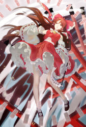 Rule 34 | 1girl, ascot, black footwear, bow, brown eyes, brown hair, commentary, detached sleeves, eyebrows hidden by hair, floating hair, frilled bow, frilled skirt, frills, full body, gohei, hair bow, hakurei reimu, highres, holding, kkia, long hair, looking up, mary janes, parted lips, praying, red bow, red skirt, red vest, ribbon-trimmed sleeves, ribbon trim, shoes, skirt, skirt set, socks, solo, talisman, torii, touhou, very long hair, vest, white sleeves, white socks, wide sleeves, yellow ascot
