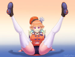 Rule 34 | 1girl, absurdres, black panties, breasts, commentary, detached sleeves, english commentary, eon sean, full body, gradient background, gradient hair, green hair, grin, highres, hololive, hololive english, large breasts, miniskirt, multicolored hair, multiple hats, orange hair, orange skirt, panties, pantyshot, purple eyes, shadow, sitting, skirt, smile, solo, spread legs, takanashi kiara, thighhighs, underwear, virtual youtuber