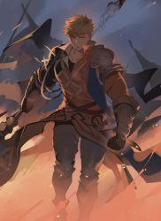 Rule 34 | 1boy, armor, axe, bara, black gloves, blonde hair, boots, closed mouth, gloves, granblue fantasy, green eyes, higashigunkan, holding, holding axe, holding weapon, injury, knight, large pectorals, looking at viewer, male focus, muscular, muscular male, outdoors, pauldrons, pectorals, short hair, shoulder armor, single pauldron, solo, vambraces, vane (granblue fantasy), weapon