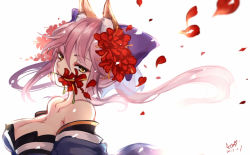 Rule 34 | 10s, 1girl, animal ears, breasts, cleavage, collarbone, dated, detached sleeves, fate/extra, fate (series), flower, flower in mouth, fox ears, hair flower, hair ornament, hair ribbon, japanese clothes, large breasts, looking at viewer, looking to the side, petals, pink hair, puyue, ribbon, signature, simple background, solo, tamamo no mae (fate/extra), white background, yellow eyes