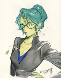 Rule 34 | 2019, black jacket, blue shirt, breasts, cleavage, collarbone, colored skin, commission, glasses, green eyes, green lips, green skin, hair behind ear, hand on own hip, highres, jacket, jennifer walters, looking at viewer, marvel, medium breasts, parted lips, peach momoko, second-party source, she-hulk, shirt, upper body