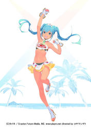 Rule 34 | 10s, 1girl, 2015, artist request, blue eyes, blue hair, breasts, clenched hands, full body, goodsmile company, goodsmile racing, hatsune miku, high heels, long hair, matching hair/eyes, microskirt, navel, open mouth, race queen, racing miku, racing miku (2015), raised fist, simple background, skirt, small breasts, solo, tan, tanline, tiara, twintails, vocaloid