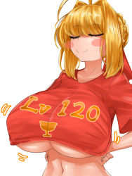 Rule 34 | absurdres, ahoge, blonde hair, blush, braid, breast expansion, breasts, closed eyes, collarbone, fate/grand order, fate (series), hair intakes, highres, huge breasts, jiggle, navel, nero claudius (fate), nero claudius (fate) (all), red ribbon, red shirt, ribbon, shiny skin, shirt, smile, steamingtofu, t-shirt, underboob, undersized clothes, white background