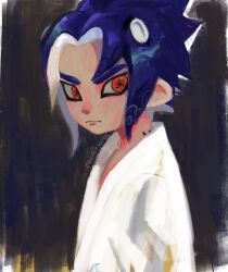 Rule 34 | 1boy, artist name, blue hair, chel (veemeenniee), curse seal, grey background, highres, japanese clothes, male focus, nintendo, octoling, octoling boy, octoling player character, parted bangs, pointy ears, red eyes, sharingan, splatoon (series), suction cups, tentacle hair, uchiha sasuke, upper body