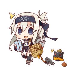 Rule 34 | 10s, 1girl, ainu clothes, amazon (company), black thighhighs, blue eyes, box, chibi, crate, enemy aircraft (kancolle), folded ponytail, food, headband, highres, kamoi (kancolle), kantai collection, long hair, long sleeves, map, nuu (nu-nyu), onion, open mouth, sausage, sidelocks, simple background, thighhighs, union, wavy mouth, white background, white hair, wrist guards