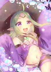Rule 34 | 1girl, absurdres, ahoge, blush, cape, circlet, fire emblem, fire emblem awakening, fire emblem heroes, gloves, green hair, halloween, hat, highres, long hair, mirin., navel, nintendo, nowi (fire emblem), open mouth, pointy ears, purple eyes, smile, solo, witch