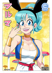 Rule 34 | 1girl, animal ears, blue eyes, blush, breasts, bulma, cleavage, collarbone, dragon ball, fake animal ears, green hair, hairband, large breasts, looking at viewer, mike luckas, open mouth, rabbit ears, short hair, short ponytail, smile, solo, teeth, upper teeth only