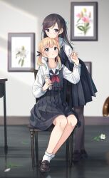 Rule 34 | 2girls, black dress, black footwear, black hair, blonde hair, blue eyes, blurry, blurry background, blush, closed mouth, commentary request, depth of field, dress, enuni, hair ornament, hairclip, highres, holding hands, hoshino sora (enuni), indoors, loafers, long hair, long sleeves, multiple girls, neckerchief, on chair, original, painting (object), parted lips, puffy long sleeves, puffy sleeves, red neckerchief, sailor collar, school uniform, shirt, shoes, sitting, sleeveless, sleeveless dress, smile, socks, swept bangs, twintails, white sailor collar, white shirt, white socks, yumesaki emiko