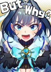 Rule 34 | 1girl, absurdres, black gloves, black hair, black shirt, blue bow, blue bowtie, blue brooch, blue eyes, blue gemstone, blue hair, bow, bowtie, breasts, chain headband, colored inner hair, commentary, crop top, english text, gem, gloves, hair intakes, hands up, heart-shaped gem, highres, hololive, hololive english, large breasts, light blush, looking at viewer, lower teeth only, multicolored hair, open hands, open mouth, ouro kronii, ouro kronii (1st costume), pinstripe pattern, pinstripe shirt, sailor collar, seita oekaki, shirt, sleeveless, sleeveless shirt, solo, sweat, symbol-only commentary, teeth, tongue, two-tone hair, v-shaped eyebrows, virtual youtuber, white sailor collar, white shirt, white veil, zipper