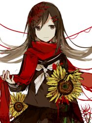 Rule 34 | 1girl, aaniko, ambiguous red liquid, arm at side, black sailor collar, black serafuku, black skirt, brown eyes, brown hair, closed mouth, expressionless, floating hair, flower, hair between eyes, hair ornament, hairclip, holding, holding clothes, holding scarf, kagerou project, long hair, mekakucity actors, neckerchief, plant, red flower, red scarf, sailor collar, scarf, school uniform, serafuku, simple background, sketch, skirt, solo, spider lily, splatter, stained clothes, straight-on, string, string of fate, sunflower, tateyama ayano, upper body, white background, white neckerchief, yellow flower
