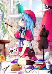 Rule 34 | 1girl, absurdres, animal ears, animal hood, between legs, blue eyes, blue hair, blue ribbon, book, capelet, date a live, day, dress shirt, fake animal ears, flower, gyaza, hair between eyes, hand between legs, hat, highres, holding, holding brush, hood, indoors, kneehighs, long hair, miniskirt, open mouth, painting (action), palette (object), photoshop (medium), pleated skirt, rabbit hood, red hat, red skirt, ribbon, shirt, sitting, skirt, socks, solo, striped clothes, striped socks, vertical-striped clothes, vertical-striped socks, white shirt, white socks, yellow flower, yoshino (date a live), yoshinon