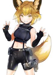 Rule 34 | 1girl, ahoge, animal collar, animal ears, arms up, bare shoulders, bike shorts, black gloves, blush, bob cut, breasts, collar, commentary request, cowboy shot, crop top, crotch seam, elbow gloves, eyebrows, fang, fingerless gloves, fox ears, fox girl, fox tail, gloves, groin, half-closed eyes, holster, legs apart, medium breasts, multicolored hair, navel, open hand, orange eyes, orange hair, original, ribbed gloves, ribbed shirt, shiny clothes, shirt, short eyebrows, short hair, simple background, skin tight, skindentation, sleeveless, sleeveless shirt, slit pupils, smile, solo, standing, stomach, strap, tail, teeth, thigh holster, thighs, two-tone hair, weapon, white background, white hair, yanyo (ogino atsuki)
