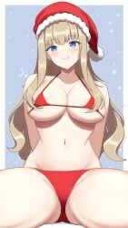 Rule 34 | 1girl, absurdres, areola slip, arms behind back, bare arms, bare shoulders, bikini, blonde hair, blue background, blue eyes, blush, border, breasts, christmas, cleavage, closed mouth, collarbone, commentary, cowboy shot, dolphin wave, fur-trimmed headwear, fur trim, groin, halterneck, hat, highres, kirahoshi kanna, large breasts, long hair, looking at viewer, micro bikini, navel, outside border, pom pom (clothes), red bikini, red hat, santa hat, sidelocks, sitting, smile, snowing, solo, spread legs, stomach, string bikini, surippa1010, swimsuit, wavy hair, white border
