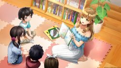 Rule 34 | 2boys, 3girls, :d, ayato utae, bare shoulders, barefoot, black hair, book, bookshelf, breasts, brown hair, child, cleavage, copyright notice, dolphin wave, extra, feet, from above, game cg, green eyes, hair ornament, hair scrunchie, hairband, holding, holding book, indoors, large breasts, long hair, long sleeves, looking at another, multiple boys, multiple girls, off-shoulder shirt, off shoulder, official art, on floor, open book, open mouth, pink scrunchie, planter, scrunchie, seiza, shirt, short hair, sitting, skirt, smile, soles, toes, white hairband, white skirt, wooden floor