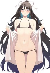 Rule 34 | 1girl, absurdres, bikini, black bikini, black hair, blue eyes, blush, closed mouth, collarbone, commentary request, cowboy shot, flat chest, gluteal fold, groin, hair between eyes, hair ribbon, hands up, highres, kantai collection, katsuragi (kancolle), long hair, looking at viewer, navel, ponytail, ribbon, side-tie bikini bottom, simple background, solo, standing, stomach, swimsuit, takaman (gaffe), very long hair, white background, white ribbon