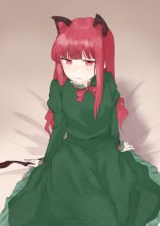 Rule 34 | alternate hairstyle, animal ear fluff, animal ears, arm support, blunt bangs, cat ears, cat tail, dress, feet out of frame, green dress, hair down, highres, juliet sleeves, kaenbyou rin, kanpa (campagne 9), light smile, long hair, long sleeves, looking away, multiple tails, nekomata, on bed, puffy sleeves, red eyes, red hair, sidelocks, solo, tail, touhou, two tails, very long hair
