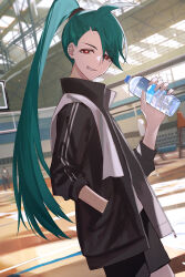 Rule 34 | 00kashian00, 1girl, absurdres, ahoge, alternate costume, black shorts, blurry, blurry background, bottle, bright pupils, commentary request, creatures (company), game freak, green hair, grin, gym, hand in pocket, highres, holding, holding bottle, indoors, jacket, long hair, looking at viewer, nintendo, pokemon, pokemon sv, ponytail, red eyes, rika (pokemon), shorts, sleeves past elbows, smile, standing, teeth, water bottle, white pupils, zipper