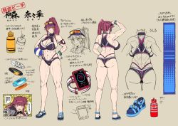 Rule 34 | 1girl, abs, absurdres, ass, backboob, ball, bikini, breasts, character sheet, cleavage, full body, gloves, hands on own hips, highres, huge breasts, lilith-soft, long hair, looking at viewer, multicolored hair, muscular, muscular female, nanaka nakamori, ponytail, purple hair, saijou satoru, sideboob, simple background, single glove, solo, standing, sweat, swimsuit, taimanin (series), taimanin rpgx, thong, translation request, very long hair, wet, yellow eyes