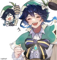 Rule 34 | +++, 1boy, alcohol, androgynous, angiesfavorite, artist name, beret, black hair, blue hair, blush, bow, braid, brooch, cape, clenched hand, closed eyes, collared cape, collared shirt, commentary, cup, drooling, english commentary, flower, frilled sleeves, frills, gem, genshin impact, gradient hair, green cape, green hat, hat, hat flower, highres, holding, holding cup, jewelry, leaf, long sleeves, male focus, mug, multicolored hair, open mouth, shirt, short hair with long locks, side braids, sidelocks, simple background, solo, twin braids, venti (genshin impact), white background, white flower, white shirt, wine