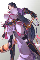 Rule 34 | 1girl, animal print, arm guards, armor, black gloves, bodysuit, breasts, cero320, commentary request, covered erect nipples, covered navel, curvy, fate/grand order, fate (series), fingerless gloves, from below, gloves, grey background, highres, holding, holding sword, holding weapon, japanese armor, katana, large breasts, loincloth, long hair, low-tied long hair, minamoto no raikou (fate), parted bangs, purple bodysuit, purple eyes, purple hair, ribbed sleeves, rope, standing, sword, tabard, tiger print, very long hair, weapon