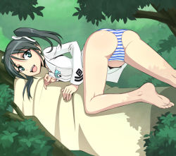 Rule 34 | 00s, 1girl, :d, ass, barefoot, black hair, caryo, fang, feet, francesca lucchini, green eyes, hair ribbon, long legs, nanashino, no pants, open mouth, panties, ribbon, smile, soles, solo, strike witches, striped clothes, striped panties, toes, top-down bottom-up, tree, twintails, underwear, world witches series