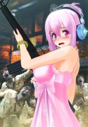 Rule 34 | 1girl, 3d, absurdres, assault rifle, blush, bow, bracelet, breasts, brown hair, creepy, crown, dress, gun, headphones, highres, jewelry, large breasts, m16, m16a2, nail polish, nitroplus, open mouth, pink eyes, pink hair, red eyes, rifle, scared, short hair, super sonico, tears, tiara, tsuji santa, weapon, what, zombie