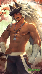 Rule 34 | 1boy, abs, absurdres, animal hood, warrior of light (ff14), bandages, bulge, commission, cowboy shot, f jun, facial mark, fictional persona, final fantasy, final fantasy xiv, glowing, glowing eye, hand on own hip, heterochromia, highres, hood, jewelry, large pectorals, long hair, male focus, muscular, navel, necklace, nipples, original, pectorals, red eyes, scar, topless male, tree, upper body, very long hair, whisker markings, white hair, yellow eyes