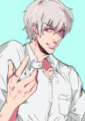 Rule 34 | 10s, 1boy, blue background, collarbone, facial hair, gakuen handsome, looking at viewer, male focus, outstretched hand, grey eyes, silver hair, solo, stubble, teruhiko saionji, urayama (yamasaki 10)