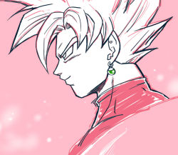 Rule 34 | 10s, 1boy, dragon ball, dragon ball super, earrings, goku black, jewelry, looking away, male focus, masa (p-piyo), monochrome, pink background, pink theme, short hair, simple background, smile, solo, spiked hair, super saiyan, super saiyan rose, white theme