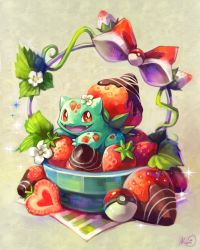 Rule 34 | absurdres, animal focus, artist name, basket, beige background, bow, bright pupils, bulbasaur, chocolate, chocolate covered strawberry, claws, creatures (company), fangs, flower, food, food focus, food print, fruit, game freak, gen 1 pokemon, hair flower, hair ornament, happy, heart, highres, in food, koriarredondo, leaf, looking to the side, napkin, nintendo, no humans, open mouth, plant, poke ball, poke ball (basic), pokemon, pokemon (creature), red bow, red eyes, signature, simple background, smile, solo, sparkle, strawberry, strawberry print, vines, white flower, white pupils