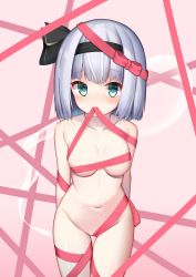 Rule 34 | 1girl, absurdres, arms behind back, black hairband, black ribbon, blush, breasts, collarbone, commentary request, cowboy shot, green eyes, groin, hair ribbon, hairband, highres, hitodama, konpaku youmu, konpaku youmu (ghost), looking at viewer, medium breasts, memekko, mouth hold, naked ribbon, navel, nude, pink background, ribbon, short hair, silver hair, simple background, solo, standing, stomach, thighs, touhou
