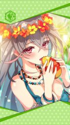 Rule 34 | 1girl, ahoge, aqua bikini, artist request, bangle, bead necklace, beads, bikini, blush, bracelet, breasts, cleavage, eating, flower wreath, food, framed image, fruit, head wreath, highres, jewelry, laevateinn (phantom of the kill), large breasts, long hair, looking at viewer, necklace, official art, phantom of the kill, red eyes, silver hair, swimsuit