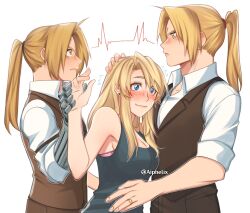 Rule 34 | 1girl, 2boys, aged down, aiphelix, bare shoulders, blonde hair, blue eyes, blush, breasts, clone, earrings, edward elric, eye contact, face-to-face, fullmetal alchemist, highres, hug, jewelry, long hair, looking at another, mechanical arms, medium breasts, multiple boys, ponytail, prosthesis, ring, shirt, simple background, single mechanical arm, smile, stud earrings, upper body, white shirt, winry rockbell, yellow eyes