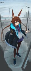 Rule 34 | 1girl, absurdres, amiya (arknights), animal ears, arknights, arm at side, black coat, blue skirt, brown hair, brown pantyhose, closed mouth, coat, full body, grey shirt, highres, hood, hooded coat, jaws (okdol0928), jewelry, long hair, long sleeves, miniskirt, multiple rings, open clothes, open coat, originium arts (arknights), outdoors, pantyhose, rabbit ears, ring, shirt, shoes, skirt, solo, standing, unfinished
