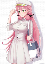 Rule 34 | 1girl, akashi (kancolle), bag, blunt ends, blunt tresses, blush, breasts, brown ribbon, buttons, closed mouth, collared dress, cypress, dress, green eyes, grey dress, grey hat, hair between eyes, hair ribbon, hat, kantai collection, large breasts, long hair, long sleeves, pink hair, revision, ribbon, shoulder bag, solo, tress ribbon