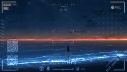 Rule 34 | 1girl, battery indicator, black hair, cloud, commission, dress, evening, highres, long hair, ocean, original, outdoors, qr code, recording, rune xiao, scenery, sky, solo, star (sky), starry sky, sunset, viewfinder, water, white dress