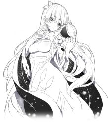 Rule 34 | 1girl, anastasia (fate), blush, breasts, cloak, closed mouth, commentary request, cropped torso, crown, dress, fate/grand order, fate (series), greyscale, hair between eyes, hand up, long hair, medium breasts, mini crown, monochrome, ririko (zhuoyandesailaer), royal robe, simple background, smile, solo, very long hair, white background