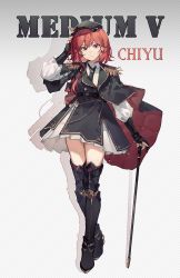 Rule 34 | 1girl, absurdres, bad id, bad lofter id, beret, black cape, black dress, black footwear, black gloves, black necktie, boots, cane, cape, character name, chiyu (synthesizer v), dress, earrings, gloves, hat, highres, holding, holding cane, jewelry, long sleeves, looking at viewer, military, military hat, military uniform, necktie, partially fingerless gloves, polo shirt, qqqne, red eyes, red hair, short hair, solo, synthesizer v, thigh boots, thighhighs, uniform