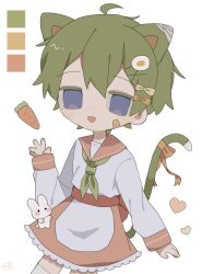 Rule 34 | 1girl, ahoge, animal ears, bandaged ear, bandaid, bandaid on cheek, bandaid on face, blue eyes, bow, carrot, cat ears, cat girl, cat tail, color guide, commentary, cowboy shot, egg hair ornament, food-themed hair ornament, green hair, green neckerchief, hair bow, hair ornament, hand up, heart, highres, long sleeves, looking at viewer, neckerchief, open mouth, original, ponoberu (ponopi), rabbit, red sailor collar, red skirt, ribbon, sailor collar, shirt, short hair, skirt, solo, symbol-only commentary, tail, tail ornament, tail raised, tail ribbon, white background, white shirt