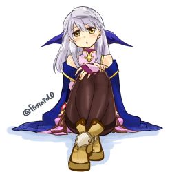 Rule 34 | 1girl, :o, bare shoulders, black pantyhose, blush, boots, bracelet, cape, dress, elbow gloves, fingerless gloves, fire emblem, fire emblem: radiant dawn, gloves, hair ribbon, half updo, jewelry, micaiah (fire emblem), nintendo, pantyhose, purple gloves, ribbon, silver hair, simple background, sitting, sleeveless, sleeveless dress, solo, turtleneck, turtleneck dress, twitter username, white background, yellow eyes, yukia (firstaid0)