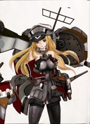 Rule 34 | 10s, 1girl, anchor, anchor symbol, bare shoulders, bismarck (kancolle), black thighhighs, blonde hair, blue eyes, breasts, brown gloves, cannon, cigarette, collarbone, cowboy shot, cross, crossed arms, detached sleeves, gloves, hat, highres, iron cross, jewelry, kantai collection, large breasts, long hair, looking at viewer, machinery, mecha musume, military, military uniform, peaked cap, ring, scan, smoking, solo, thighhighs, turret, uniform, windhide