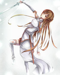 Rule 34 | 10s, 1girl, armor, asuna (sao), breastplate, brown eyes, brown hair, highres, holding, holding sword, holding weapon, inushi, long hair, pleated skirt, red skirt, skirt, solo, sword, sword art online, thighhighs, weapon, white thighhighs