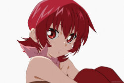 Rule 34 | 1girl, bare shoulders, closed mouth, fumiko (mesushi), iria animi, looking at viewer, red eyes, red hair, scarf, short hair, simple background, solo, tales of (series), tales of innocence, very short hair, white background