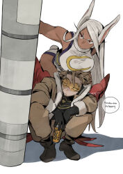 Rule 34 | 1boy, 1girl, animal ears, artist name, bare shoulders, black footwear, black gloves, blonde hair, boku no hero academia, breasts, brown jacket, brown pants, can, canned coffee, clothing cutout, crescent print, dark-skinned female, dark skin, drink can, english text, feathered wings, feathers, fur collar, gloves, goggles, hanging breasts, hawks (boku no hero academia), highleg, highleg leotard, holding, holding can, jacket, kadeart, large breasts, leaning forward, leotard, long eyelashes, long hair, looking to the side, mirko, pants, parted bangs, parted lips, peeking, rabbit ears, rabbit girl, rabbit tail, red eyes, red feathers, red wings, short hair, sleeveless turtleneck leotard, speech bubble, spiked hair, squatting, tail, tail through clothes, toned, utility pole, very long hair, white hair, white leotard, wings