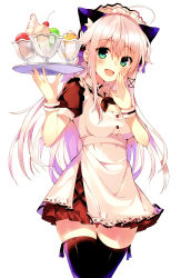 Rule 34 | 1girl, :d, absurdres, ahoge, anceril sacred, animal ears, black thighhighs, blush, cat ears, cowboy shot, dress, fake animal ears, food, green eyes, hair flaps, hand to own mouth, highres, ice cream, long hair, looking at viewer, maid headdress, mishima kurone, open mouth, original, scan, sidelocks, simple background, smile, solo, sundae, thighhighs, tray, white background, white hair, wrist cuffs, zettai ryouiki
